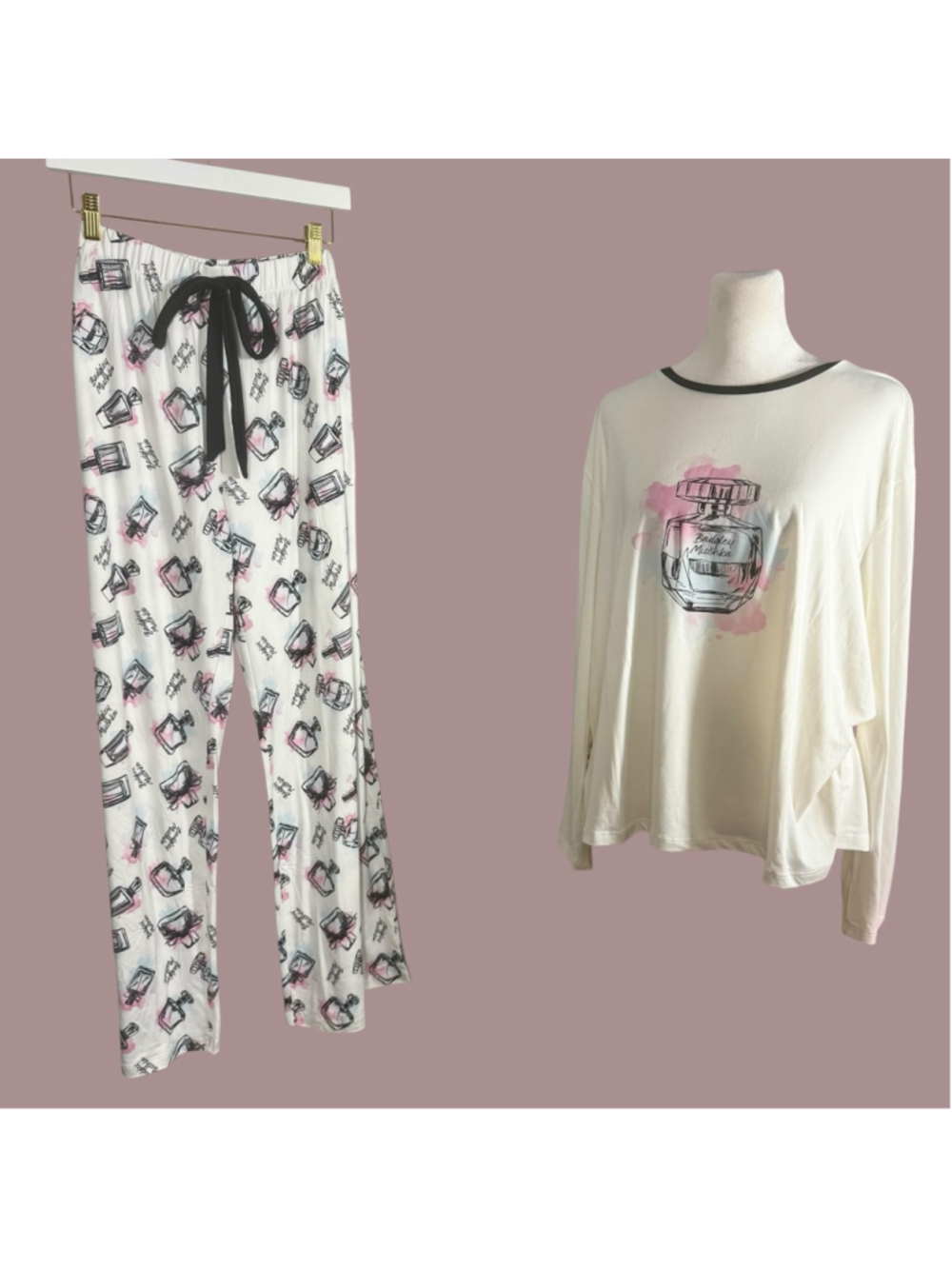 Size L Badgley Mischka White Pink Perfume Print Long Sleeve Top & Pant PJ Set